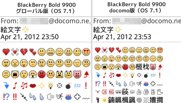 《解決策あり》docomo版 BlackBerry Bold 9900 は絵文字が文字化けすることがある細かな違い：絵文字の大きさ