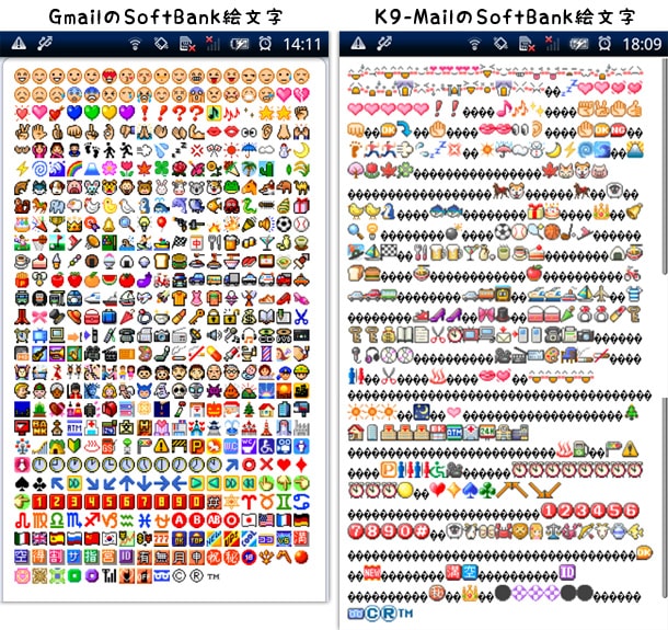 SoftBankの絵文字比較(Gmail / K-9 Mail)